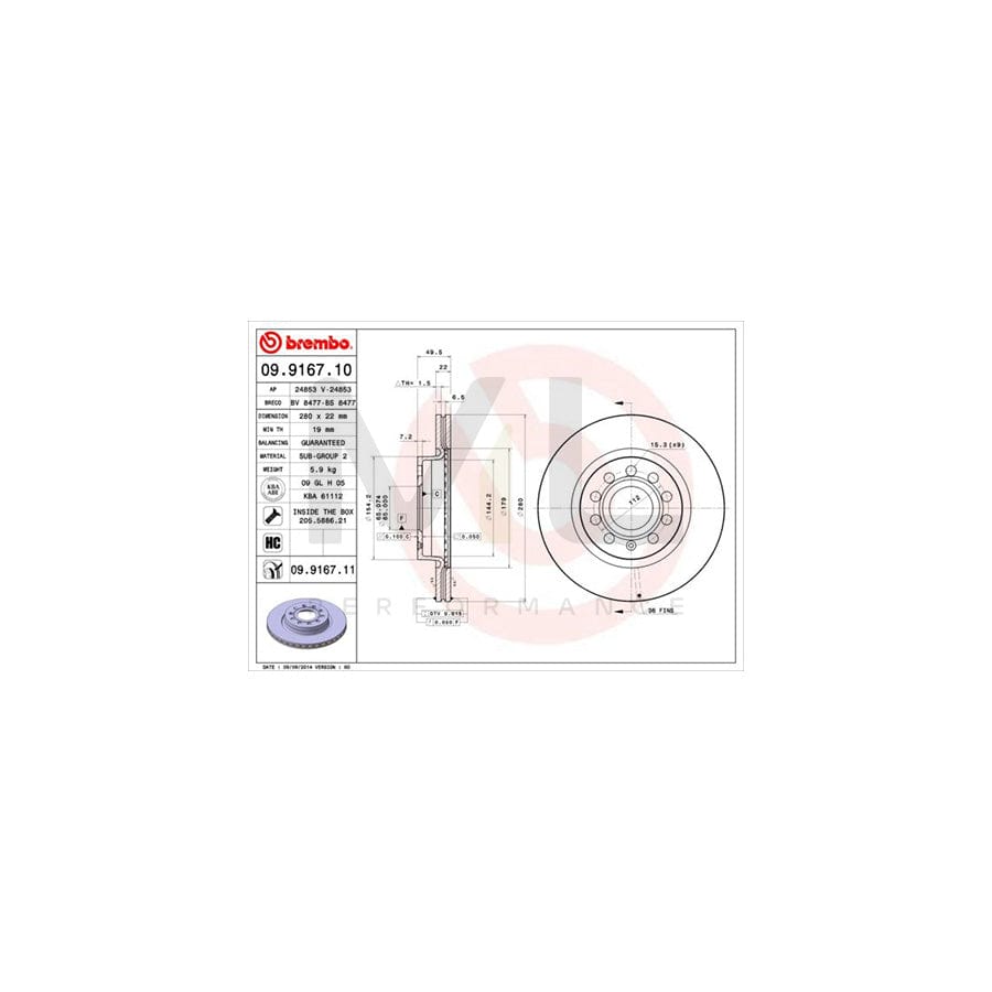 BREMBO 09.9167.10 Brake Disc Internally Vented, High-carbon, with bolts/screws | ML Performance Car Parts