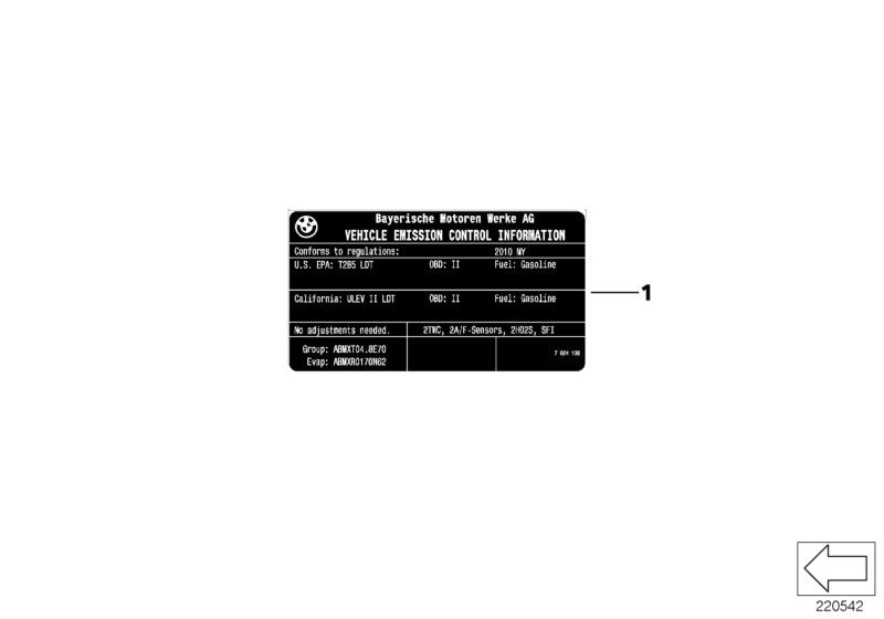 Genuine BMW 71227580938 E70 E71 Label "Exhaust Emission" (Inc. X5 4.8i & X6 50iX) | ML Performance US US Car Parts
