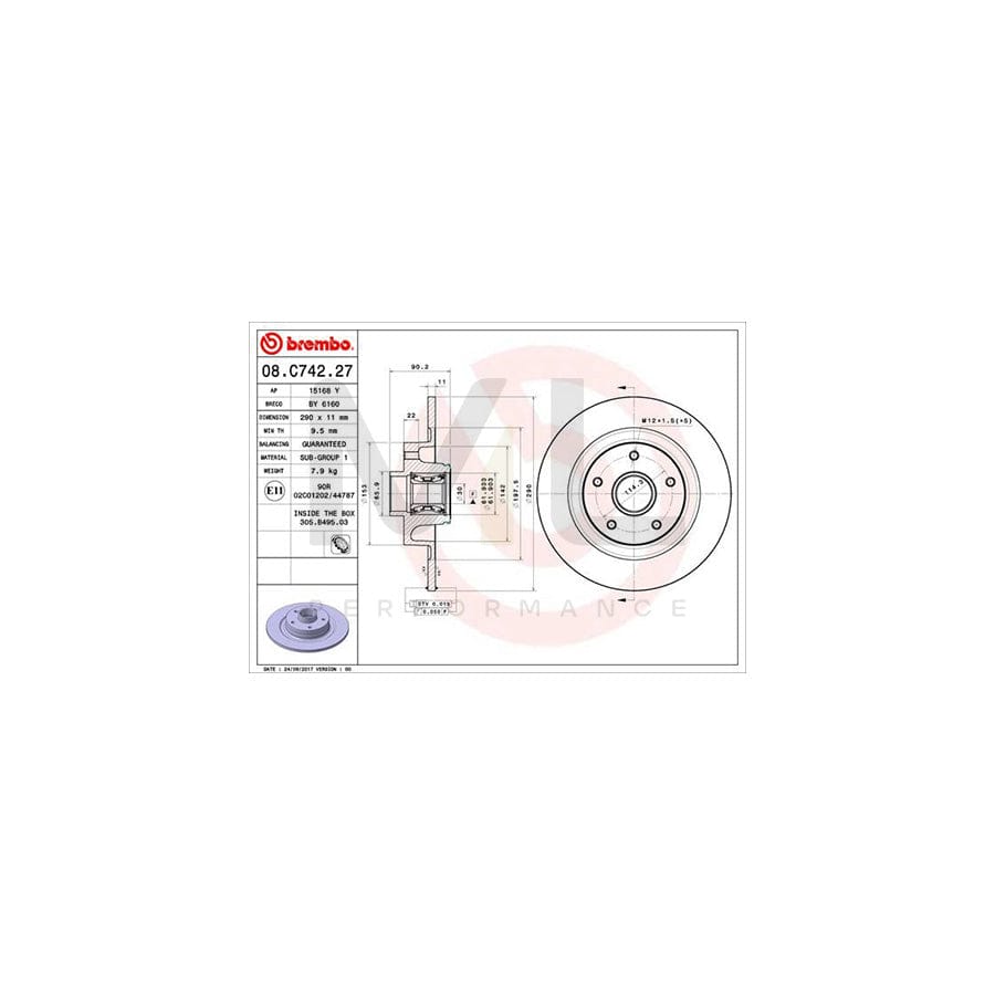BREMBO 08.C742.27 Brake Disc Solid, with ABS sensor ring, with bolts/screws, with wheel bearing set | ML Performance Car Parts
