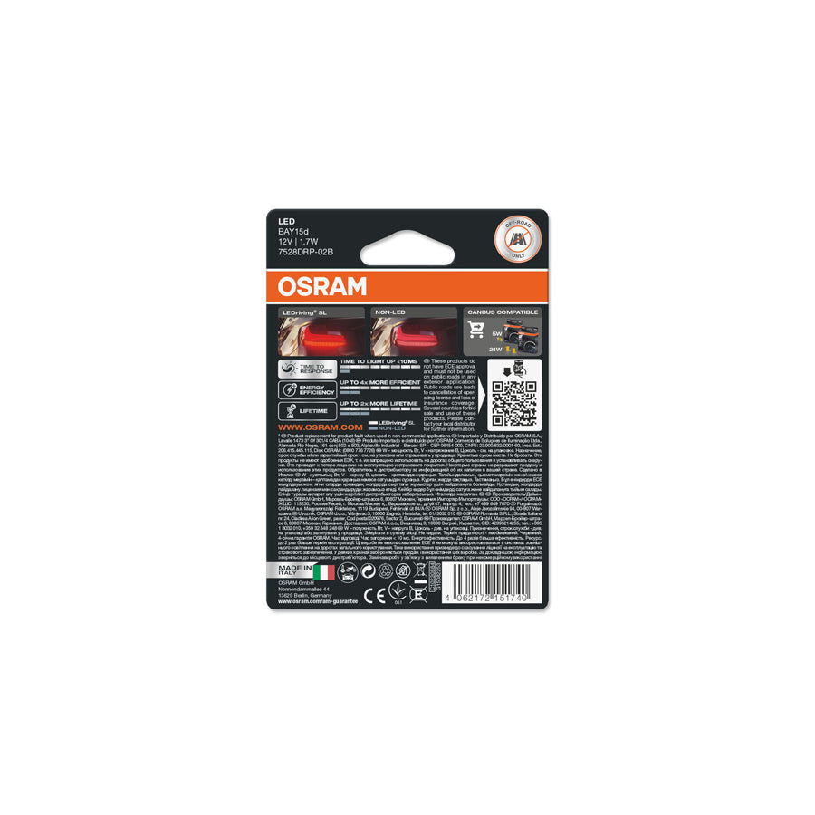 OSRAM  LED P21/5W Red Brake Light Bulbs 12v 1.7W BAY15d (381 P21/5W) 7528DRP-02B