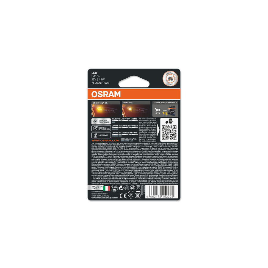 OSRAM  LED P21W Amber Yellow Indicator Bulbs 12v BA15s (382 21W) 7506DYP-02B